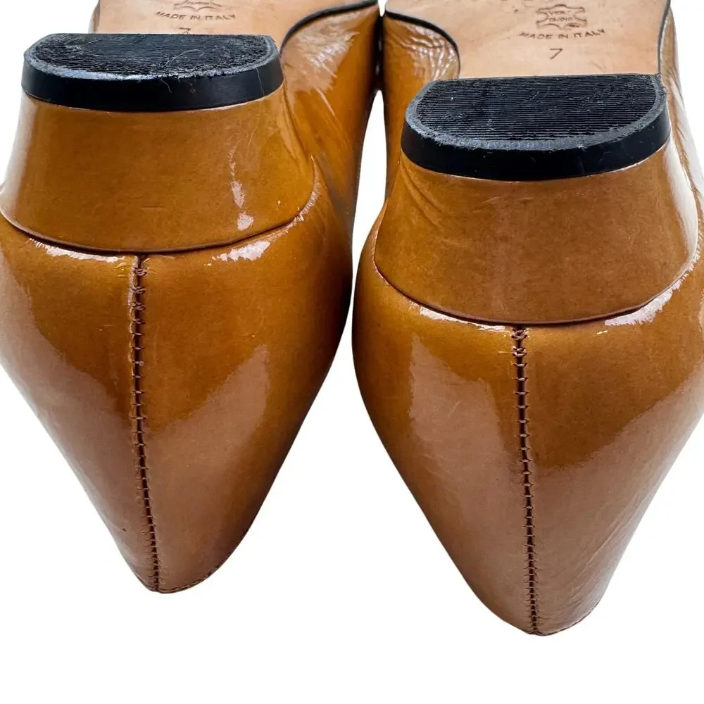 Butter Made In Italy Bow Detail Preppy Dressy Caramel Patent Shoes Women's 7